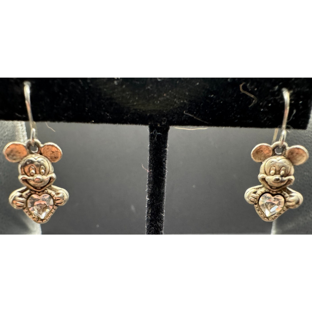 Vtg Sterling Silver 925 Disney Mickey Mouse Heart Shape Crystal Dangle Earrings